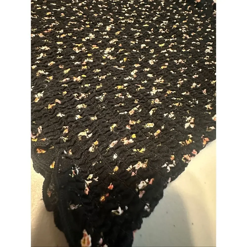 Art Class Girl's Black Floral Print Smocked Long Puff Sleeve Blouse Size Large